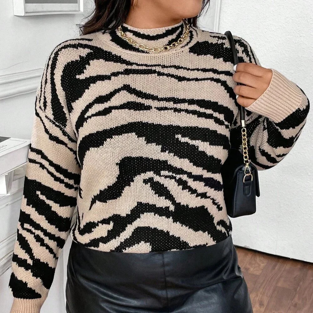 Multicolor Casual Women's Plus Size Long Sleeve Zebra Stripe Pullover Sweater - Picture 4 of 6